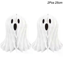 (2pcs 25cm) Stück Halloween-Hängelaternen aus weißem Geisterpapier in 3D-Wabenform für drinnen und draußen