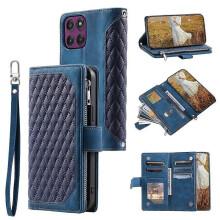 (Blue) Rhombus Stitched PU Leather Wallet Case for Motorola Edge 70 5G with Wrist Strap