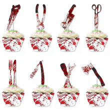 (8pcs cake toppers) Halloween-Dekoration mit Blutflecken, Fingerabdrücken, Popcornboxen, Augapfel-Geschirr, Banner und Gruseldeko