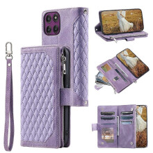 (Purple) Rhombus Stitched PU Leather Wallet Case for Motorola Edge 70 5G with Wrist Strap