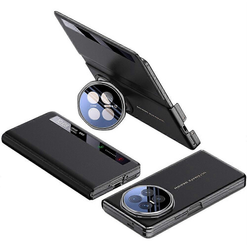 (Black) Honor Magic V6 5G Smart View Window Läderfodral Metalllins Stativ