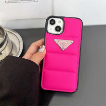 (Rose red base, iPhone 15 Plus) Down jacket style metal logo phone cases for iPhone series from trendy brand
