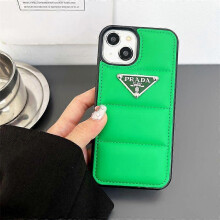 (Green base, iPhone 14) Down jacket style metal logo phone cases for iPhone series from trendy brand