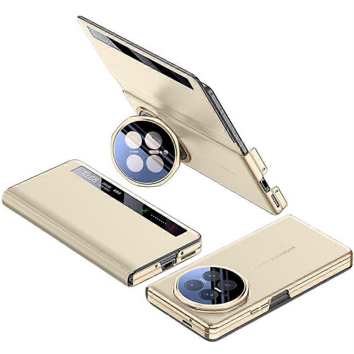 (Gold) Honor Magic V6 5G Smart View Window Läderfodral Metalllins Stativ