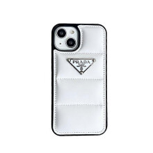 (White background, iPhone 14 Pro) Down jacket style metal logo phone cases for iPhone series from trendy brand