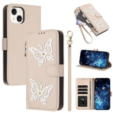 (beige) Women's iPhone 14 Butterfly Zipper Pocket Card Slots PU Leather Wallet Case Wrist Strap