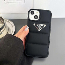 (black background, iPhone 15 Pro) Down jacket style metal logo phone cases for iPhone series from trendy brand
