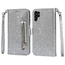 (Silver) For Samsung Galaxy S25 Ultra Zipper Pocket Glitter Leather Stand Case