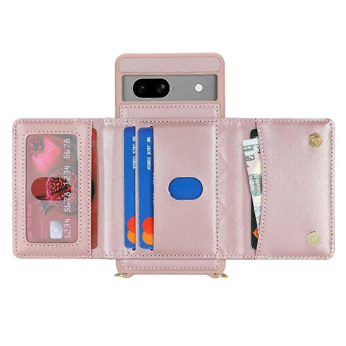 (PinkGold) Google Pixel 7a Case with Lanyard Mirror Card Holder Grids Pattern RFID Cover 1