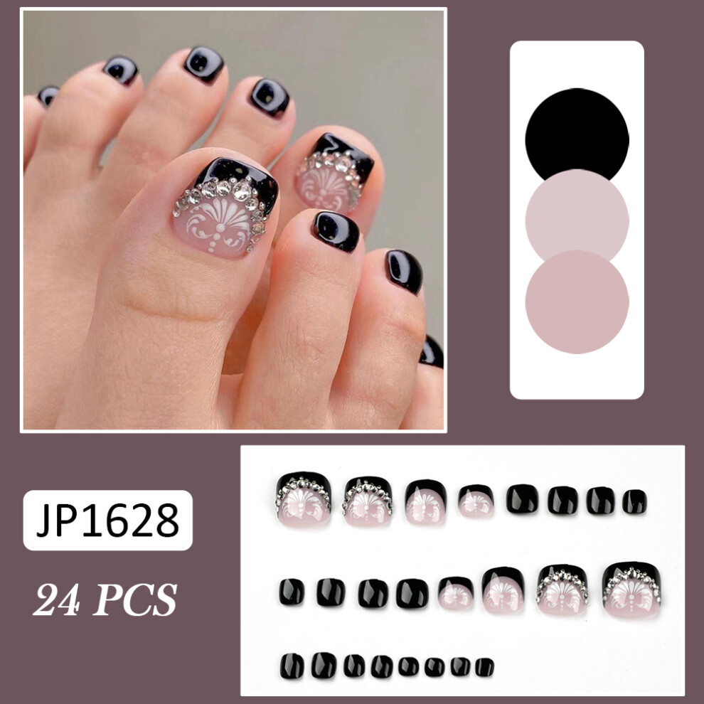 Zhouq-Outdoors (Jelly Glue Model) 24Pcs Glossy Black False Nails With Glitter