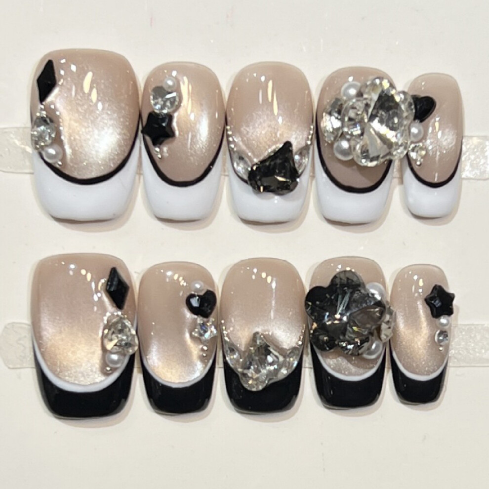 Dcph-Clothing (Xs) 10Pcs French Press On Nails With Zirconia Stones