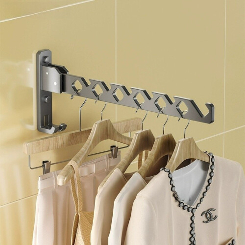 (Black)Aluminum Wall Mount Retractable Clothes Hanger With Foldable For Tools Home 2