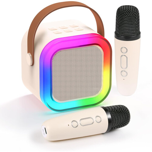 Mini macchina per karaoke con 2 microfoni wireless, Bluetooth, effetti vocali e luci LED, regalo ideale per bambini
