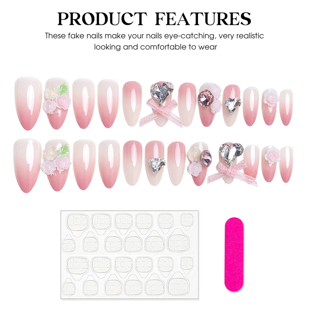 Roc-Electron Pink Gradient Flower Fake Nails - Durable Stage Wear