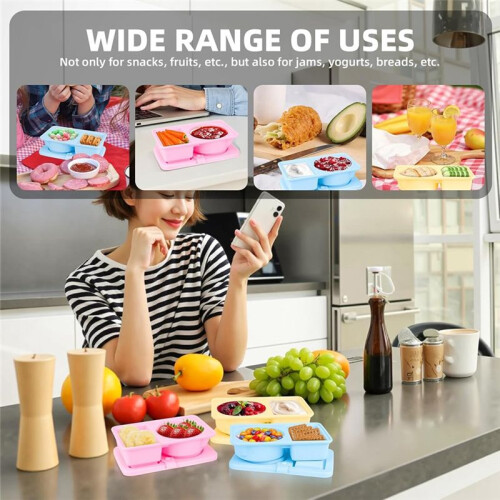3 Pack Silicone Reusable Snack Containers with Lids, Double Compartment Snackle Box Containers, Salad Dressing 2
