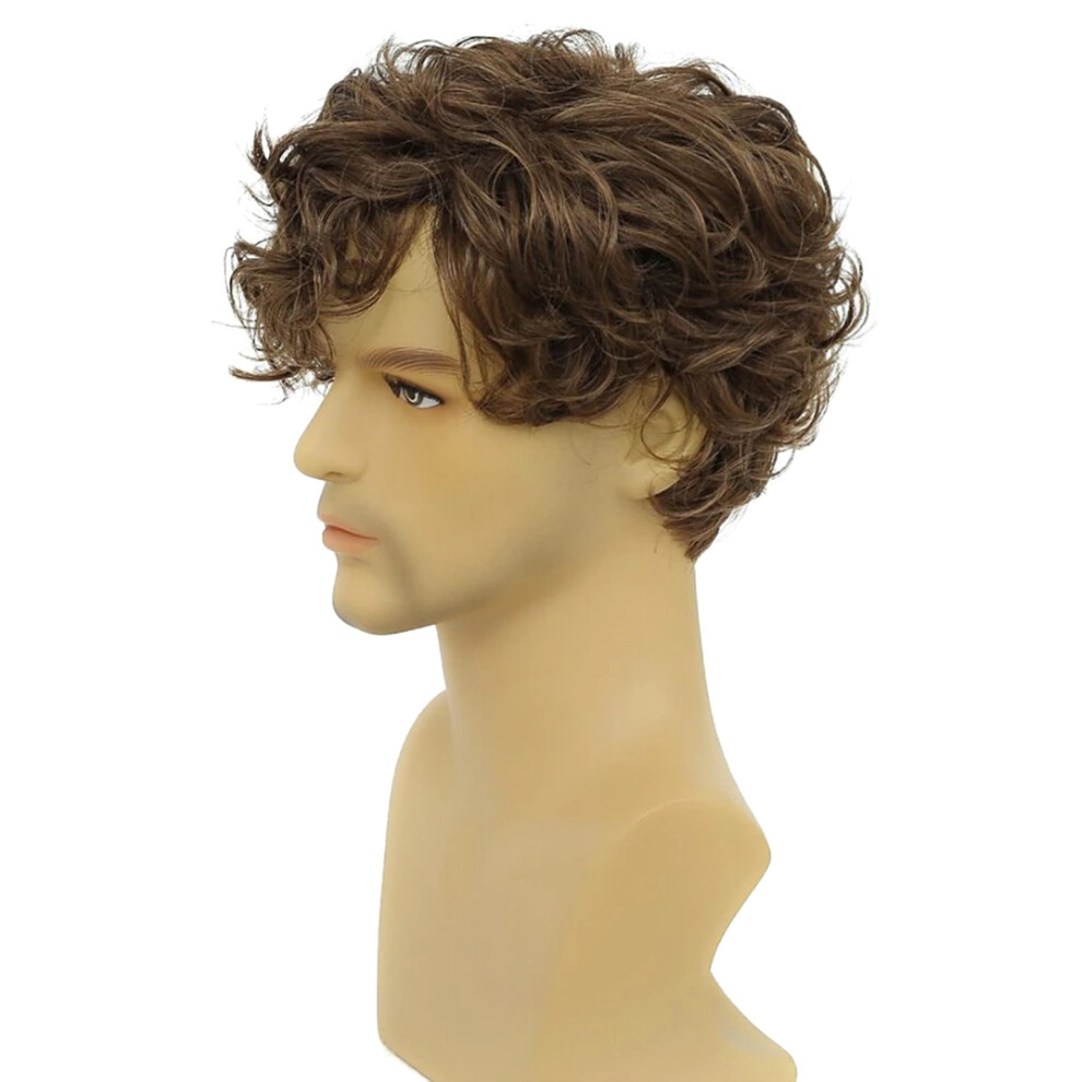 Bright-Home Mens Short Brown Curly Wig Natural Fake Hair Replacement For Men Boys Daily Use Hair Styling