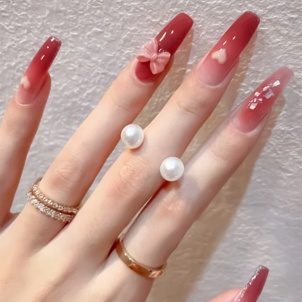 Bright-Home Pink Gradient False Nails With Heart Print Natural Unbreakable Nail Simple Wear For Stage Performance Wear