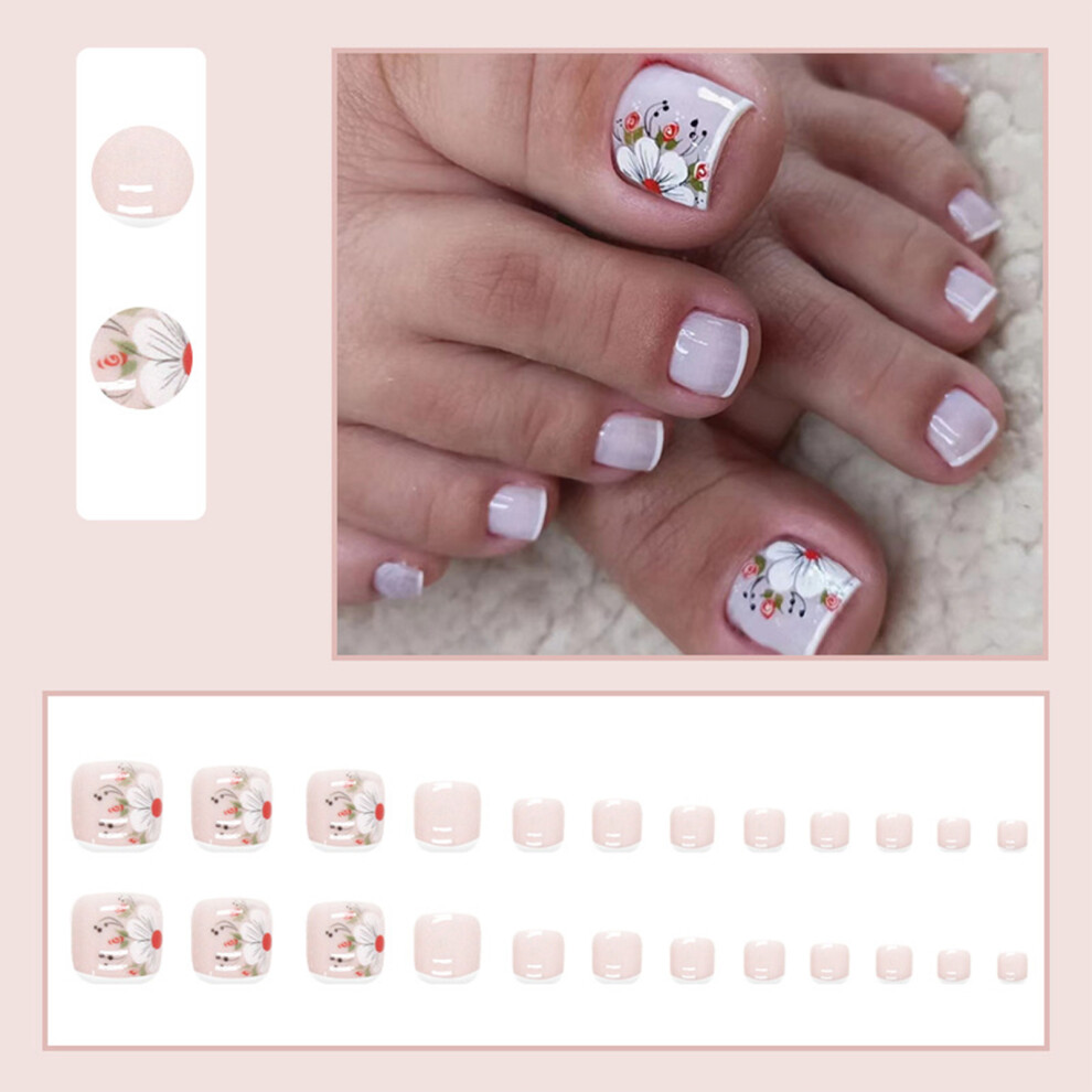 Hue-Grain (Jelly Glue Model) 24Pcs White Gel Flower Toenails For Women