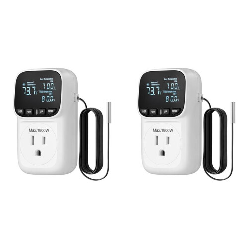2X Digital Temperature Controller,15A/1800W Thermostat Outlet Plug,-40-210, Cyclic Timing/Countdown US Plug 1