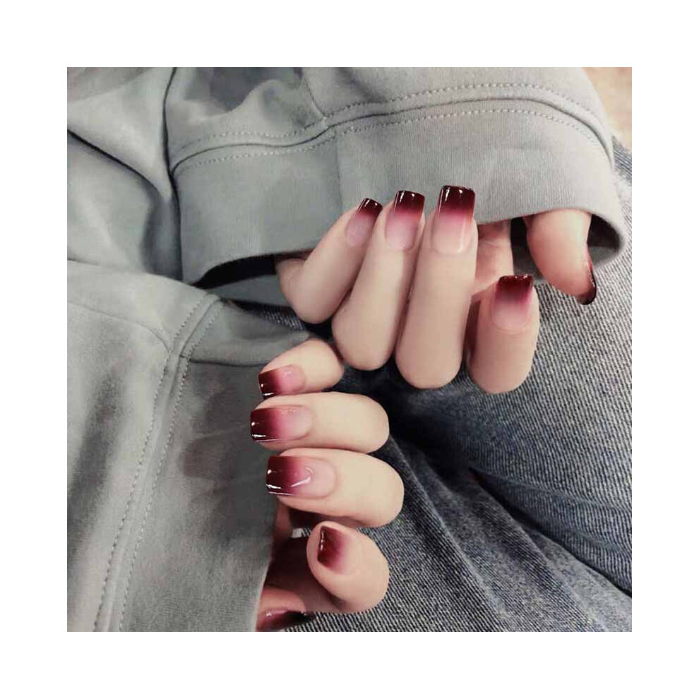 Hue-Grain Gradient Glossy False Nails For Women, Squoval Full Cover