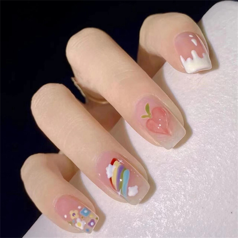 Hue-Grain 24Pcs Pink Peach False Nails For Women