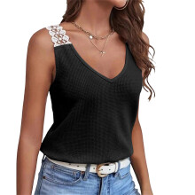 Mouwloos vest voor dames, casual kanten patchwork-Zwarte M