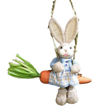 Easter Straw Bunny Figurine, Straw Rabbit Carrot Swing, Bunny Statue Hanging Ornament for Easter Holiday Home Decor A