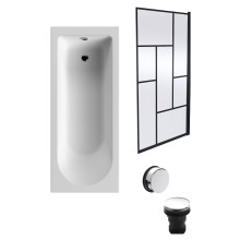 Round Single Ended 1700x700 Bath Set - Leg Set, Black Abstract Framed Screen & Chrome Waste