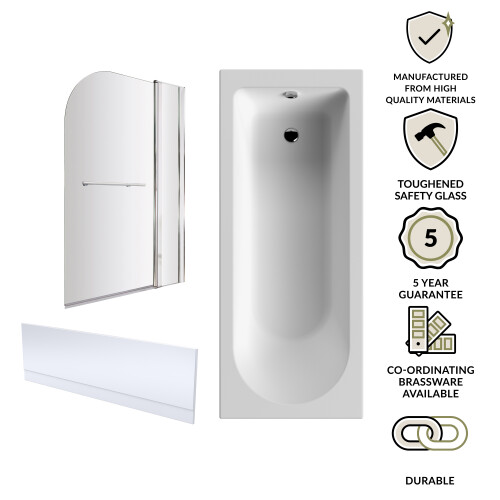 Balterley Round Single Ended 1700x750 Shower Bath Set - Front Panel, Screen with Fixed Panel and Rail - Chrome 2