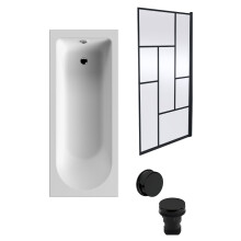 Round Single Ended 1700x700 Bath Set - Leg Set, Black Abstract Framed Screen & Black Waste