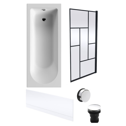 Balterley Round Single Ended 1700x700 Bath Set - Front Bath Panel & Black Abstract Framed Screen & Chrome Waste