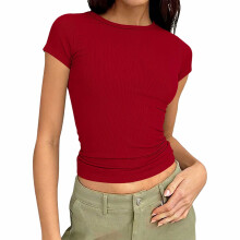 Fit dames T-shirt met geribde hals en korte mouwen-Rood XL