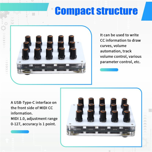 15 Knob Knobs, Custom CC Information Volume, USB-C Interface, Music Host Software, MIDI Controller