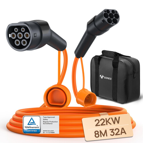 GONEO Type 2 Charging Cable 22kW 8M, 3 Phase 32A Mode 3 with Carrying Bag