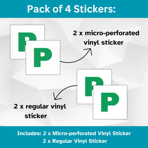 P Plate Stickers for New Driver | Micro-Perforated Tech: See-Through Inside, Bold Outside | Includes Both Micro-Perforated & Solid Vinyl Stickers | 7 1