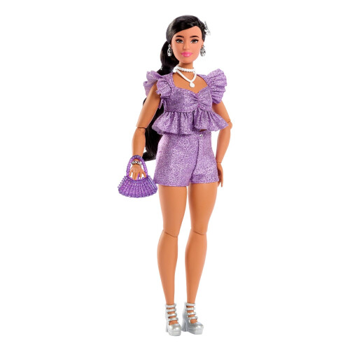 Bambola Barbie con top e pantaloncini viola glitterati