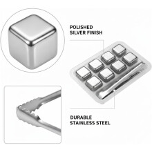 Reusable Stainless Steel Ice Cubes, Metal Whiskey Stones for Drinks & Cocktails, Chilling Cubes Set of 8