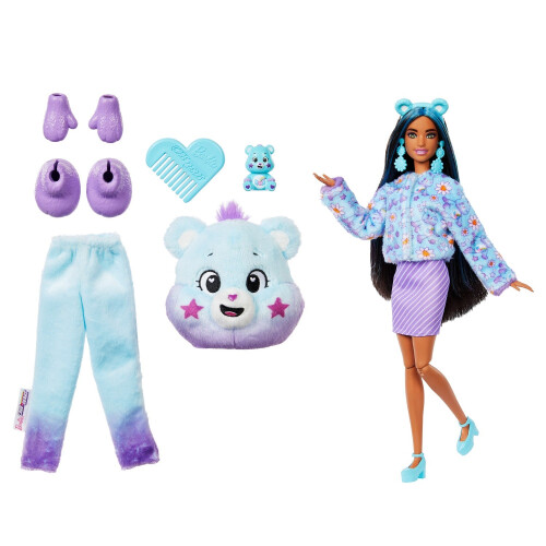 Bambola Barbie con costume da orso viola e sorprese 1