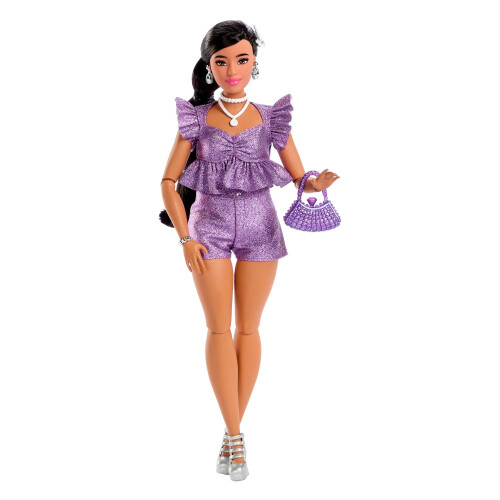 Bambola Barbie con top e pantaloncini viola glitterati 1