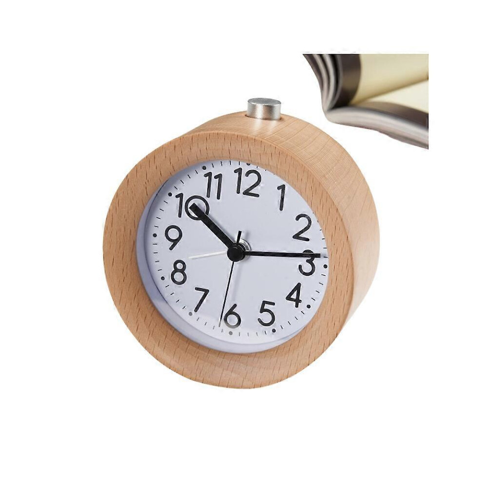 Wooden Analog Alarm Clock, Silent No-Tick Design, Snooze Function, Retro Table Clock with Night Light, Battery Powered