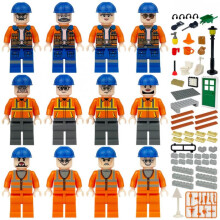 12 PCS Hotel Construction Crew City Engineering Team Small Building Block Figures Birthday Gift for Children