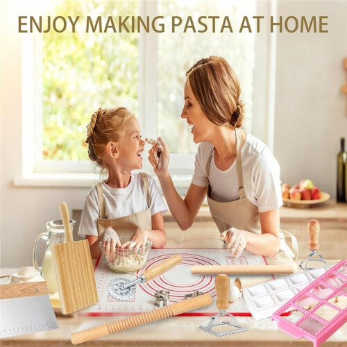 Pasta Making Tools Kit, Ravioli Maker Set with Rolling Pins, Gnocchi Board, Stamps, Cutter & Baking Mat 2