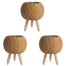 3X Vintage Imitation Rattan Woven Flower Shelf Planters Handmade Storage Basket with Wooden Legs Plant Pot Stand,A