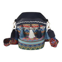Fashion Bohemian Ethnic Style Women's Straw Woven Shoulder Messenger Bag Retro Casual Tassel Bucket Bag Navy