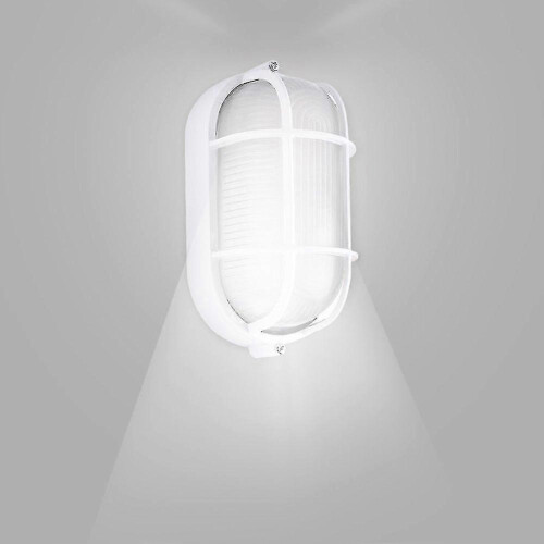 Oval Bulkhead Lamp, IP54 Vandal Resistant, Aluminium Base Glass Diffuser, Wire Guard, E27 60W, White 2