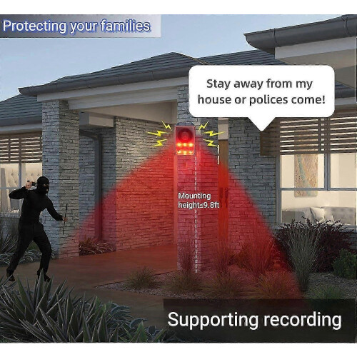 Solar Outdoor Motion Sensor Alarm, 130dB, Solar and USB Charging, Custom Recording, Adjustable Volume, 3 Work Modes 1