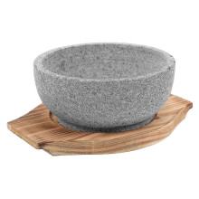 Stone Bibimbap Bowl With Wooden Tray, 600ml, Heat Retention, For Open Flame Cooking, Reusable Stone Serving Bowl