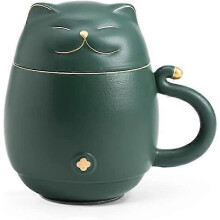 Ceramic Cat Mug With Infuser 300ml Dark Green Cat Lovers Coffee Tea Cup