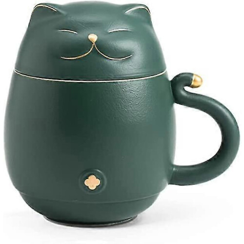 Ceramic Cat Mug With Infuser 300ml Dark Green Cat Lovers Coffee Tea Cup