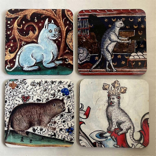 Round Wooden Cat Coasters, 4 Pack Medieval Cat Pattern, for Drinks and Table Decor, As Shown
